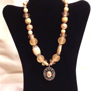 Carolee Necklace Filigree Pendant with Stones, Wood, Glass large‎ beads